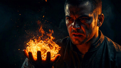 A man holding a burning fire in his hand on a dark background.
