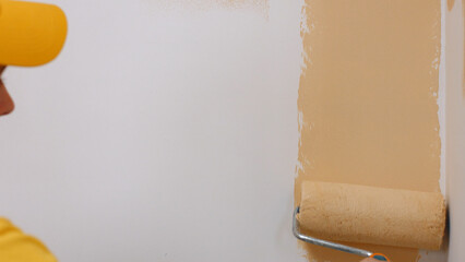 Painting the walls in the house. Builder paints white wall in beige color with a roller.
