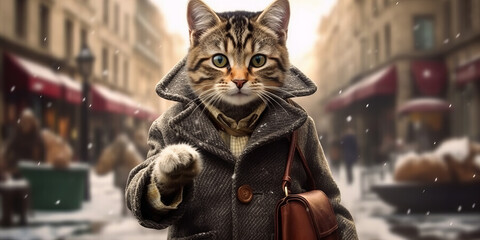 Stylish Feline Explorer Braving Snowflakes in Chic Winter Attire - Adventure Banner