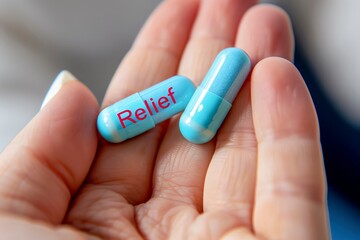 Close-up image of a hand presenting a "Relief" capsule, symbolizing quick and effective medication for pain management.