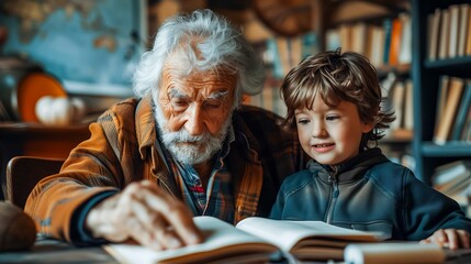 Old man and a young boy are sitting at a table looking at a book. Concept of curiosity and learning