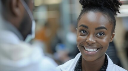 Smiling Woman in White Lab Coat