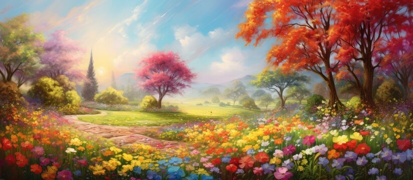 A beautiful painting capturing a natural landscape with fields of flowers, towering trees, and a church in the background under a sky filled with fluffy clouds