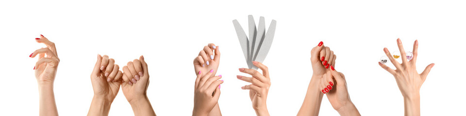 Collage of female hands with stylish manicure on white background - obrazy, fototapety, plakaty