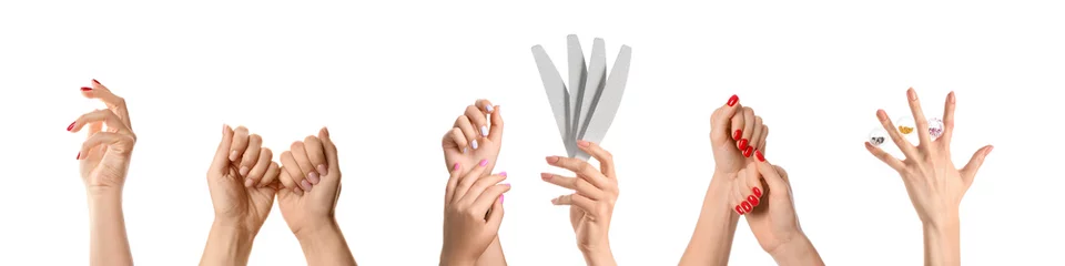 Badezimmer Foto Rückwand Collage of female hands with stylish manicure on white background © Pixel-Shot