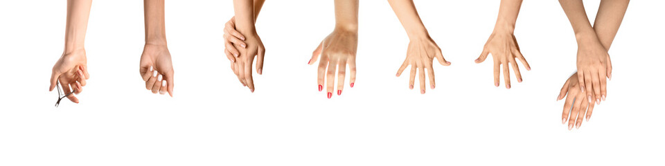 Collage of female hands with stylish manicure and nail cutter on white background