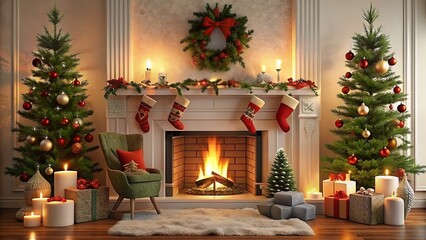 Generative ai. a close up of a fireplace with candles and christmas decorations, christmas night, traditional fireplace