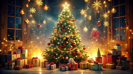 Generative ai. a christmas tree with presents and lights in a room, christmas tree, christmas night
