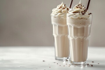 Two smooth, creamy milkshakes on a white tabletop in a side angle shot.