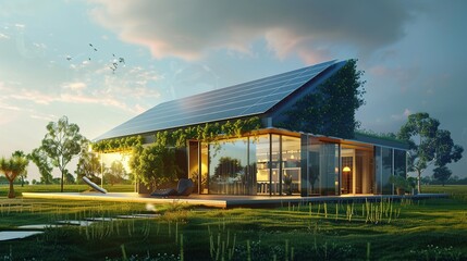 Obraz premium Futuristic Smart Home with Solar Panel System for Renewable Energy. House, Clean, Power, Alternative, Susttainable, Eco, Sun, Electric, Electricity, Environment, Ecology, Battery 