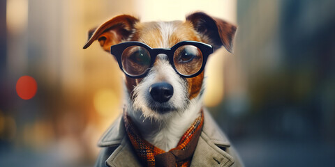 Stylish Urban Canine: Trendsetter Pooch Rocks Glasses and Scarf Banner - obrazy, fototapety, plakaty