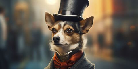Elegantly Dressed Canine in Top Hat Captivates City Scene Banner - obrazy, fototapety, plakaty