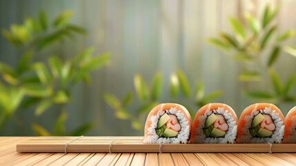 Fresh Sushi Rolls on Bamboo Mat Basking in Natural Light with Authentic Style and Vibrant Colors - Powered by Adobe