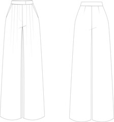 Technical drawing. Women's classic tailored high waisted pants with pleats and french pockets. Front and back. On Body. - obrazy, fototapety, plakaty