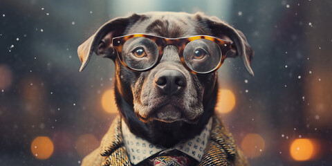 Stylish Dog in Spectacles Embracing Winter Elegance: A Majestic Banner - obrazy, fototapety, plakaty