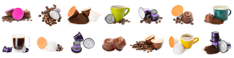 Group of coffee pods on white background