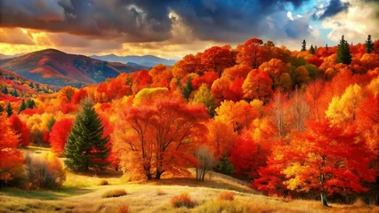 Kussens Generative ai. a painting of a colorful autumn landscape with trees and mountains, dramatic autumn landscape © Ali