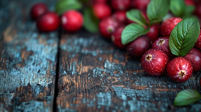   A stack of crimson cranberries resting on a wooden table nearby surrounded by verdant foliage and other scarlet berries