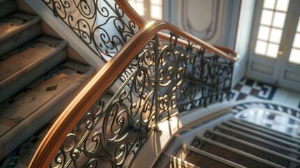 An intricate shot of a modern staircase railing, showcasing sleek metal balusters, wooden...