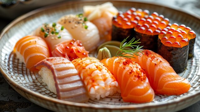   A clear and concise description of the image, showcasing a close-up of a plate of diverse sushi options, adorned with a garnish