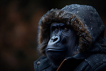Contemplative Primate in Hoodie Contemplates Lifes Mysteries - A Winter Banner