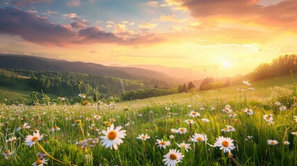 Fototapeta premium Sunset Over Daisies Field