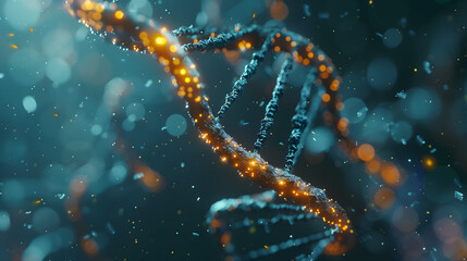 3d render of double helix DNA with glowing particles, close up, bokeh background, biotechnology - obrazy, fototapety, plakaty