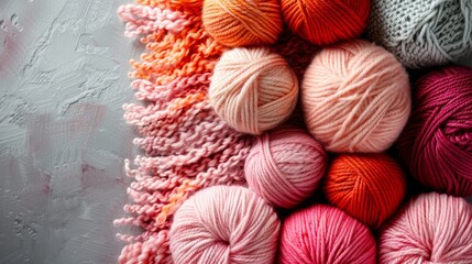   A table with pink, orange, and red yarn covering it and a pile of white yarn balls on top