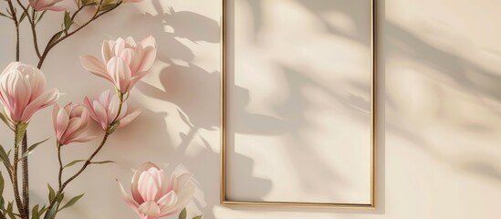 Minimal style decoration with a golden picture frame and pink flowers, creating space for your image text work.