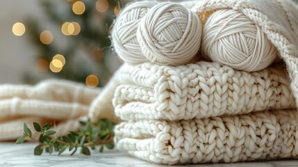 Fototapeta na wymiar Pile of white yarn balls on top of white knitted blankets beside Christmas tree