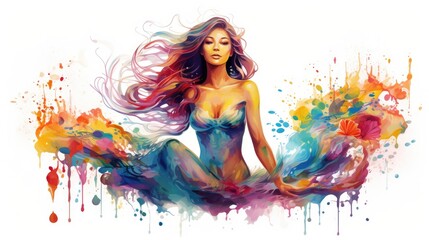 colorful mermaid swimming in colorful splashes, in the style of dye-transfer, detailed character design, realistic watercolors, silhouette figures, shaped canvas