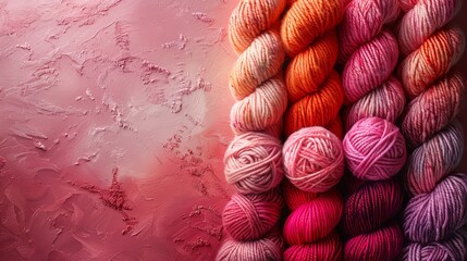   Group of skeins of yarn on pink background with water droplets