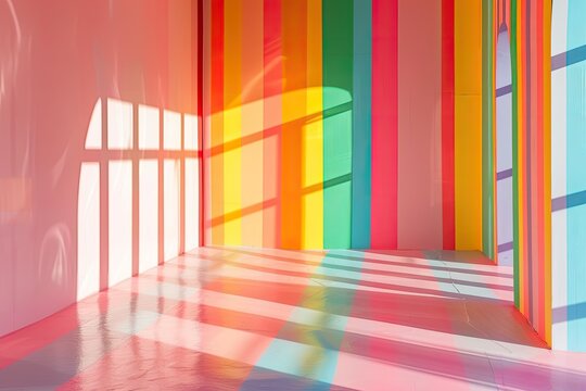 colorful light room with a rainbow painted wall, in the style of post-minimalist structures, stripes and shapes, tonal variations in color, emphasis on linear perspective
