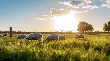Fototapeta premium Beautiful sunset view on cloudy weather with group of domestic goats feeding at grazing field.