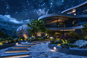 A futuristic luxury house presents an innovative front yard garden design under a starry night sky.