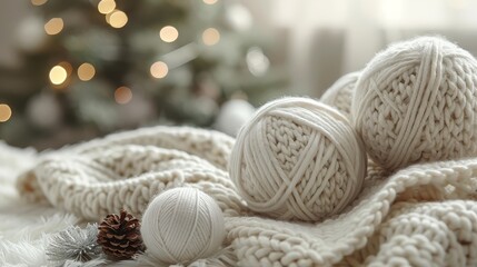 Fototapeta na wymiar A white yarn ball on a blanket with a Christmas tree in the background
