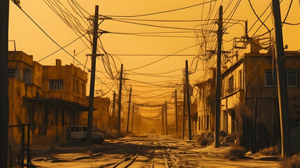Fototapeta na wymiar a city with power lines on an isolated background