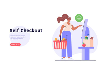 Customer use self-service checkout. Man with shopping cart buying with automated self-checkout terminal. Concept of contactless payment, cashless paying, checkout self service. Vector illustration