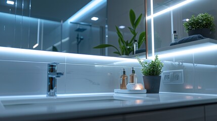 A close-up of a modern bathroom vanity mirror, featuring built-in LED lighting, anti-fog technology, and a sleek frameless design for a spa-like experience at home.