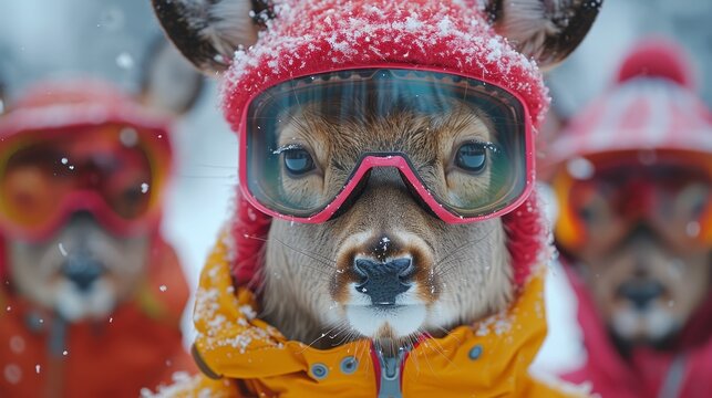   A photo of a dog with ski goggles on its face and a hat featuring a deer's head protruding from it
