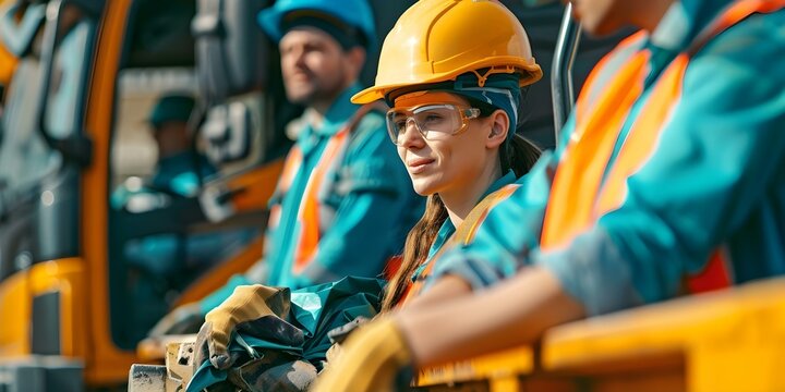 City employee supervising coworkers operating recycling collection service vehicle. Concept Municipal Operations, Recycling Program, Team Supervision, Waste Management, Public Service