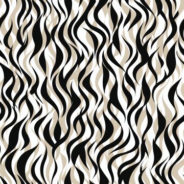 Black and white wavy seamless pattern. Zebra or tiger fur. Animal print. Vector illustration. Stylish design for fabric, wrapping paper, packaging, textiles, and more.