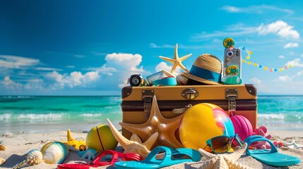 Summer vacation concept with luggage on the beach. Sunny day at the seaside with camera, hat, and flip-flops. Travel and holiday scene. AI