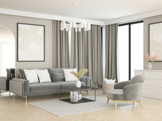 Jasny nowoczesny pokój salon z wygodną sofą, poduszkami i zasłonami na oknie z żyrandolem