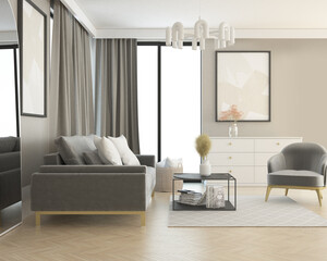 Jasny nowoczesny pokój salon z wygodną sofą, poduszkami i zasłonami na oknie z nowoczesnym oświetleniem żyrandolem