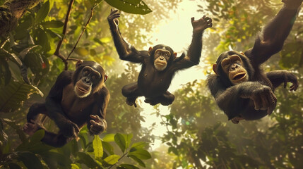 Playful chimpanzees swinging through the treetops in a dense rainforest.