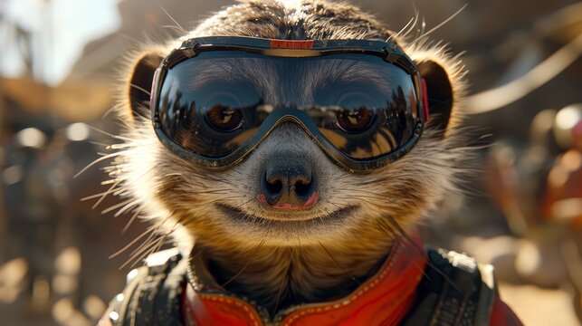   Close-up photo of a raccoon wearing glasses on its head