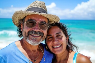 Smiling portrait of a middle aged hispanic couple on vacation at the beach