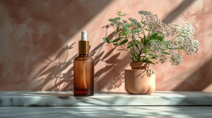 Fototapeta na wymiar Essential Oil Bottle by Flower Vase