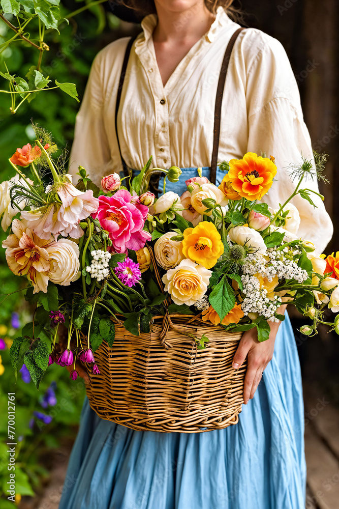 Poster a woman is holding a wicker basket full of garden flowers. floral gardening concept